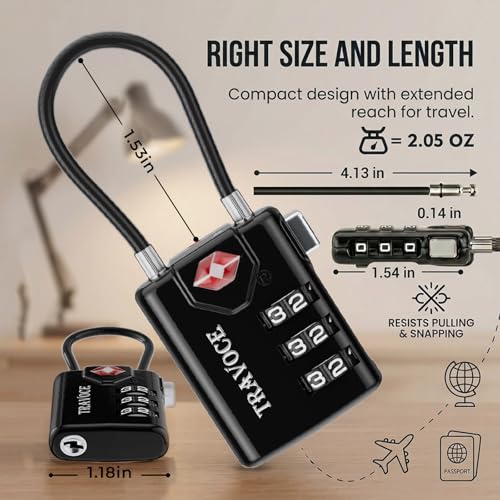 TRAVOCE TSA Approved Luggage Locks - Heavy Duty 3 Digit Combination Cable Lock, Search Alert for Suitcases, Backpacks, Golf Bags, Tents, Violin and Camera Cases, 4 Pack, Black - color: Black 4 Pack