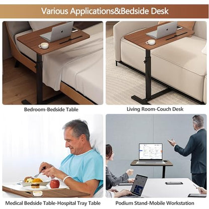 BeGyoku Overbed Table,Over The Bed Table with Hidden Wheels&Cup Holder,Adjustable Bedside Table and Rolling Table Tray&Laptop Cart,Hospital Table Over Bed for Home Use (Walnut) - color: Walnut