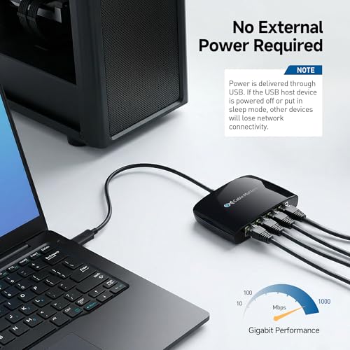 Cable Matters USB C to 4-Port Gigabit Ethernet Switch, TB5/TB4 Compatible | Network Sharing on the Move, Thunderbolt Ethernet Splitter, USB C Gigabit Switch