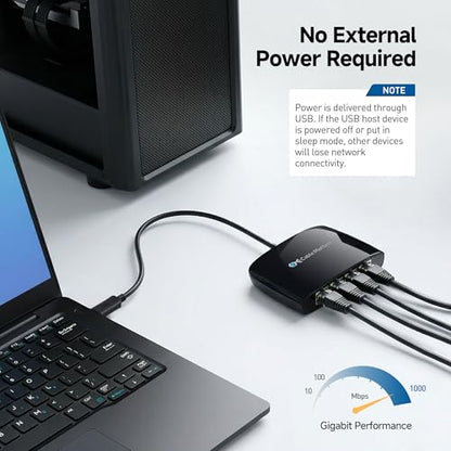 Cable Matters USB C to 4-Port Gigabit Ethernet Switch, TB5/TB4 Compatible | Network Sharing on the Move, Thunderbolt Ethernet Splitter, USB C Gigabit Switch
