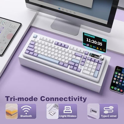 AJAZZ AK980 Mechanical Keyboard, Creamy & Thocky with Smart Display & Knob, 98% Wireless Tri-Mode BT/2.4G/USB-C, Hot Swappable, RGB Light for Win & Mac (Purple, Murad Switch) - color: Purple