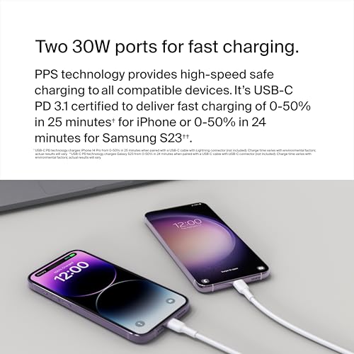 Belkin 60W Dual USB C Charger Block, 2 Pack, PPS Fast Charging | Samsung Galaxy S25, iPhone 17, Air, Pro, Pro Max, iPad, MacBook Air, AirPods, Google Pixel 10 - style: 60W White 2-pack