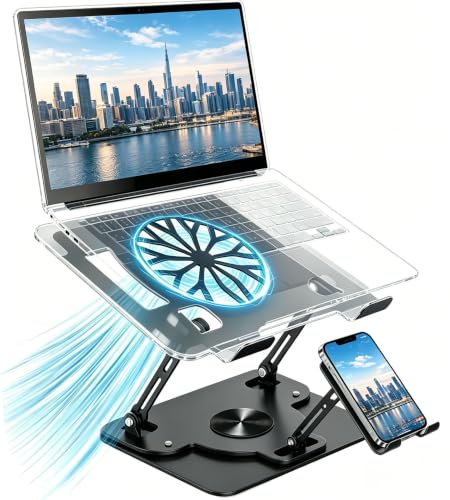 Laptop Stand for Desk with Quiet Cooling Fans - 360 Rotating Base Ergonomic Computer Stand, Aluminum Laptop Riser Foldable Protable for Office Home fits MacBook Air Pro, Dell, HP (10-17.3'') (black) - color: black