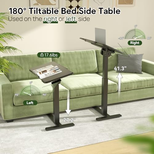 180° Tilt Foldable Standing Desk 32" Bedside Table on Wheels | Pneumatic Height Adjustable Rolling Laptop Desk with 4 Hidden or Lockable Casters, Portable Overbed Table for Sofa Bed, Black - color: Black