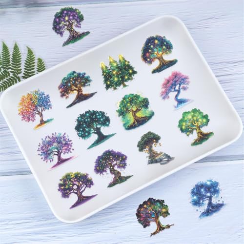 Fantasy Magic Tree Stickers Pack – 50pcs Clear Waterproof Scrapbook Decals for Journaling, Diary, Collage, Laptop, Water Bottle, Planner, Aesthetic Nature Forest Tree of Life Sticker (Colourful-B1) - color: Colourful-b1
