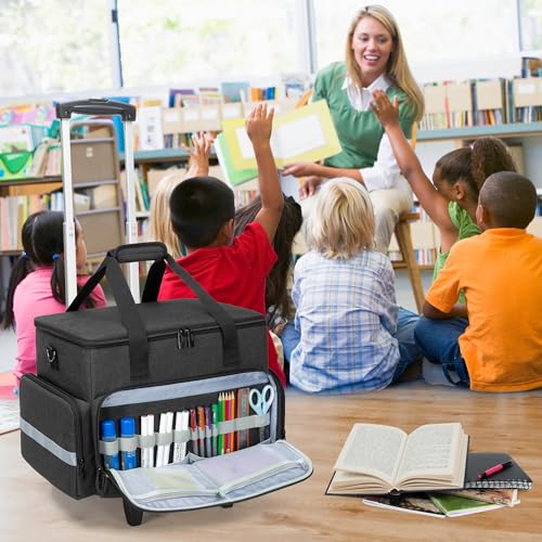 Rolling Teacher Tote Bag with Wheels for Teaching, Office, Black | Work Bag for Women, Teacher Uility Tote Bag, Large Capacity - color: Black