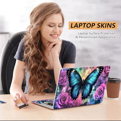 12.1”-15.6” Laptop Skin Sticker (Fits 13”, 13.3”, 14”, 15”, 15.4”) | Reusable Universal Protective Vinyl Art Decal Cover | Waterproof & Scratch-Resistant |Blue Butterfly Purple Rose Flower - color: Blue Butterfly Purple Rose Flower