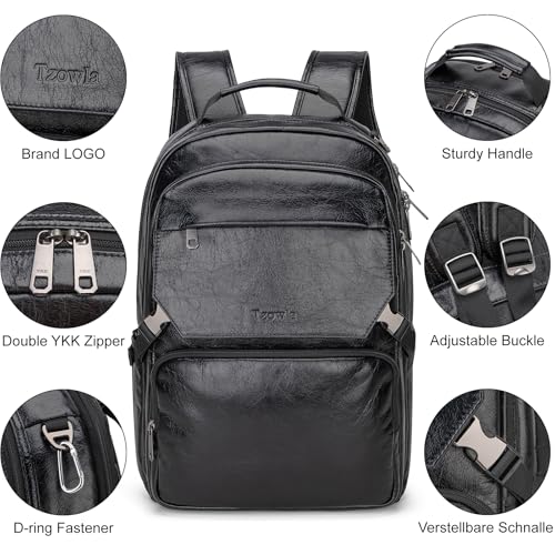 Tzowla Full Grain Genuine Leather Laptop Backpack for Men and Women,Business Work Travel Slim Daypack Fits 15.6 Inch Notebook/Computer-Black - color: W-black