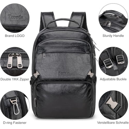 Tzowla Full Grain Genuine Leather Laptop Backpack for Men and Women,Business Work Travel Slim Daypack Fits 15.6 Inch Notebook/Computer-Black - color: W-black