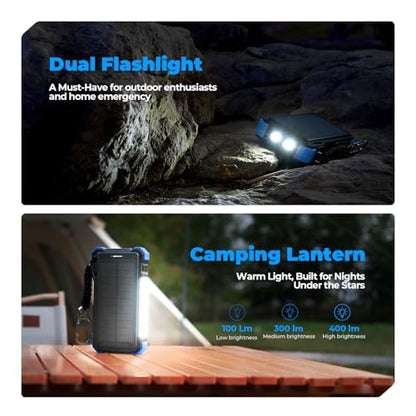 BLAVOR Solar Power Bank 20000mAh Built-in Cables, Wireless Charger for Phones & Apple Watch, 20W Fast Charging Battery Pack with USB C, Flashlight, Solar Charger for iPhone, iPad, iWatch, Samsung - color: Blue
