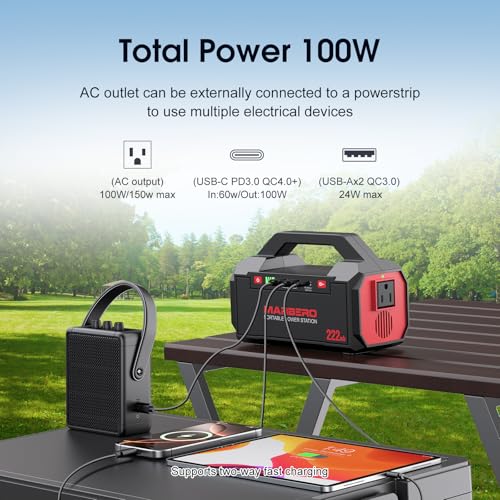 MARBERO Portable Power Station 222Wh Battery Pack 100W (150W Surge) Power Bank Flashlight High Lumens Fast Charging Power Bank with AC Outlet for Outdoor Camping Hurricane Backup Emergencies - color: Red