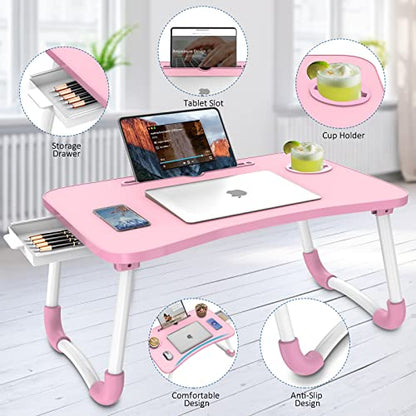 Zapuno Multi-Function Laptop Bed Table with Storage Drawer and Cup Holder, Lap Desk Stand Tray for Eating, Reading and Working - color: Pink