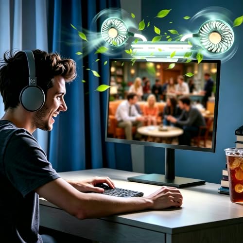 Monitor fan with lamp Office Quiet USB Fan for Working (Forest Green) | Flip-Open LED Light Bar, Two-Head Personal Cooling,Wind Speed, For Flat & Curved Monitors - color: Forest Green