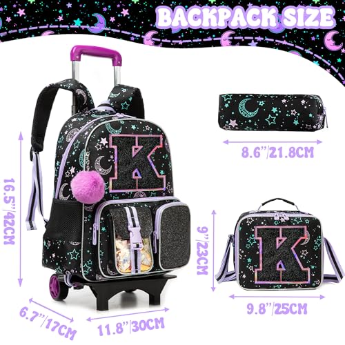 HTgroce Cute Rolling Backpack with Wheel,School Backpack for Kids Girl Roller Schoolbag Wheeled Backpacks Set Carry-on Luggage,Black K - color: Black, style: K