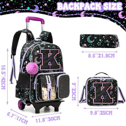 HTgroce Cute Rolling Backpack with Wheel,School Backpack for Kids Girl Roller Schoolbag Wheeled Backpacks Set Carry-on Luggage,Black K - color: Black, style: K