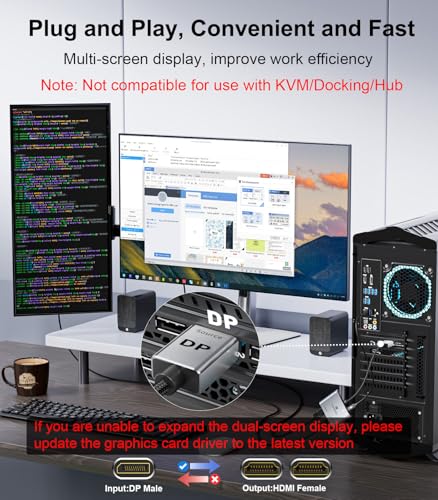 DisplayPort to Dual HDMI Adapter (4K@60Hz) DP to HDMI Splitter for Dual Monitors Extended Display MST Display Port 1 in 2 Out Hub for PC, Graphics Card