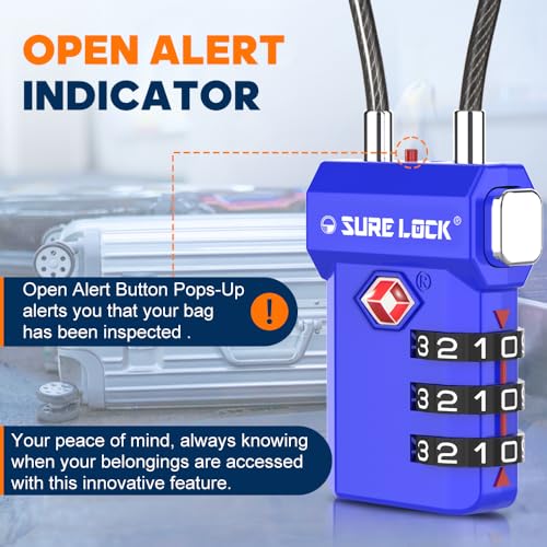 SURE LOCK TSA Approved Luggage Locks with Open Alert Indicator, 3 Digit Combination Cable Travel Lock for Suitcase, Backpack, Gym Locker, Toolbox, Carry On & Travel Bag - color: SKY BLUE 2 PACK