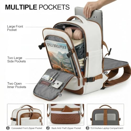 TILYMOL Travel Backpack for Women - 15.6 inch Laptop Backpack Airplane Flight Approved, Large Carry On Anti-theft Bag for Travel Work Business Weekender - color: Beige