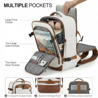 TILYMOL Travel Backpack for Women - 15.6 inch Laptop Backpack Airplane Flight Approved, Large Carry On Anti-theft Bag for Travel Work Business Weekender - color: Beige