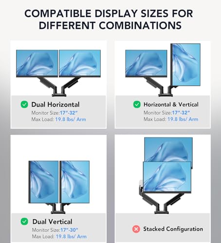 Dual Monitor Stand, Adjustable Monitor Desk Mount for 17″–32″ Computer Screens, Full Motion VESA 75x75/100x100 with C-Clamp & Grommet Aluminum Base, Each Arm Holds 4.4 to 20 lbs AX09DB201 - size: Dual monitor arm
