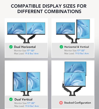 Dual Monitor Stand, Adjustable Monitor Desk Mount for 17″–32″ Computer Screens, Full Motion VESA 75x75/100x100 with C-Clamp & Grommet Aluminum Base, Each Arm Holds 4.4 to 20 lbs AX09DB201 - size: Dual monitor arm