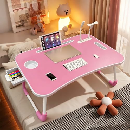 Portable Laptop Desk, Pink Foldable Bed Table with Cup Holder, LED Lights, Storage Drawer, Multi-Purpose Workstation for Working, Reading, Entertainment
