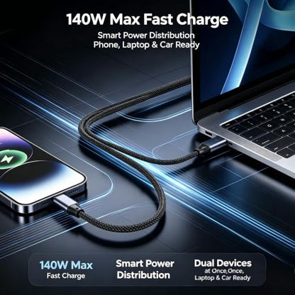 Dual USB C Charging Cable 140W, 2 in 1 USB C Splitter Cable with USB-A Adapter, 6FT Fast Charging PD Cord for MacBook Pro, iPhone 17/16, iPad Pro, Galaxy S25, Steam Deck - size: 6.6FT