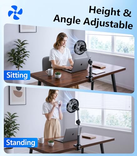 Adjustable Arm Clip On Fan for Desk, Gooseneck Clamp Fan, 3000mAh Battery | 3-Speed Quiet Desk Fan with Strong Clamp, Flexible 360° Arm Adjustment for Office, Bedroom, Dorm, Gaming Desk & Home（Black - color: Black