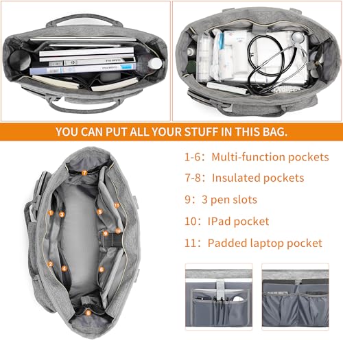 Rabjen Nurse Tote Bag for Work with Padded 15.6” Laptop Sleeve, Medical Supplies Shoulder Bag for Home Health Care - color: Gray