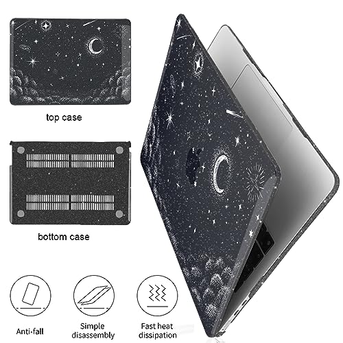 for 2022 2023 2024 2025 2026 MacBook Air 13 inch Case M5 A3449 M4 A3240 M3 A3113 M2 A2681 Cover, Glitter Black Printed Pattern Plastic Hard Shell Case for Mac Air 13.6 M5 2026, Stars & Moon - color: Stars & Moon
