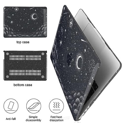 for 2022 2023 2024 2025 2026 MacBook Air 13 inch Case M5 A3449 M4 A3240 M3 A3113 M2 A2681 Cover, Glitter Black Printed Pattern Plastic Hard Shell Case for Mac Air 13.6 M5 2026, Stars & Moon - color: Stars & Moon