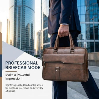 Men's Leather Laptop Bag 15 IN, Water-Resistant Briefcase Messenger Bag for Work, Business, Shoulder Crossbody Office Satchel - color: Deep Brown