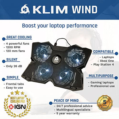 KLIM Wind Laptop Cooling Pad - More Than 500 000 Units Sold - New Version - The Most Powerful Rapid Action Cooling Fan - Laptop Stand with 4 Cooling Fans at 1200 RPM - USB Fan - PS5 PS4 - White - color: White