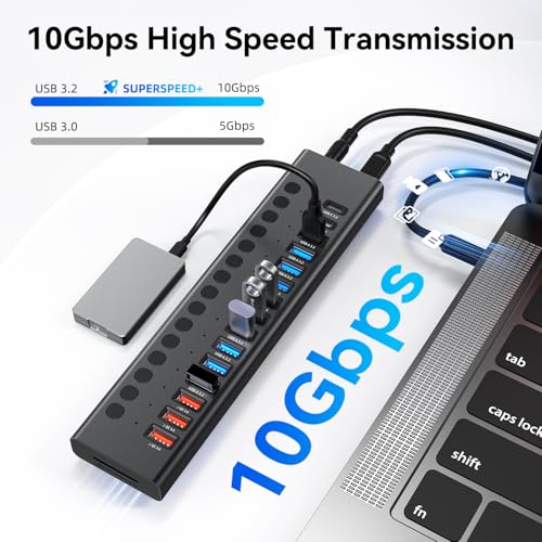 Powered USB Hub 10Gbps, 17 Ports USB 3.2 Hub, 96W Power Adapter | 10 USB-A 3.2, 3 QC 24W Fast Charging, 2 USB-C 3.2, SD/TF, 12V/8A Power Adapter for Laptop, PC, Computer, HDD, Flash Drive - color: Black