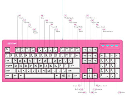 104-Key Large Print USB Wired 7ft, Spill-Resistant, Hot Pink and White, Durable Keyboard for Laptop, Mac, TV, and Computer (Pink) - color: Pink