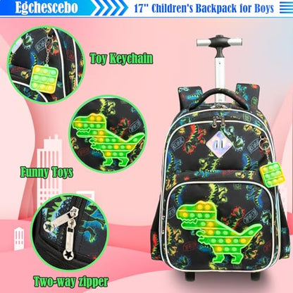 Kids Rolling Dinosaur Backpack for Boys Luggage Suitcase With Wheels Trolley Wheeled POP Roller Backpacks for Elementary Travel School Bags 17" 3PCS Toy Backpack With Lunch Box Green - color: 041123-konglong