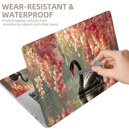 Universal Laptop Skin Sticker for 12/13/14/15.6 Inch Laptops, Reusable Vinyl Laptop Decal Cover, Waterproof Scratch Resistant Notebook Skin with 2 Wrist Pads,Black Swan & Cherry Blossoms - color: Black Swan & Cherry Blossoms
