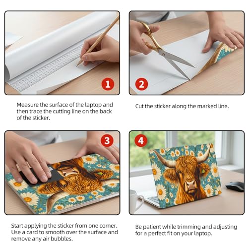 Universal Laptop Skin Sticker Decal, 12"-15.6" Aesthetic Vinyl Wrap, Highland Cow Daisies Teal Waterproof Notebook Cover Art Protector for MacBook HP Dell Lenovo, Fits 13" 14" 15" 15.6" - color: Highland Cow Daisies Teal