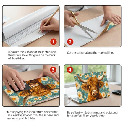 Universal Laptop Skin Sticker Decal, 12"-15.6" Aesthetic Vinyl Wrap, Highland Cow Daisies Teal Waterproof Notebook Cover Art Protector for MacBook HP Dell Lenovo, Fits 13" 14" 15" 15.6" - color: Highland Cow Daisies Teal