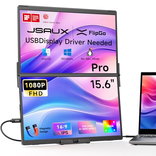 JSAUX FlipGo Pro 15.6" Dual Portable Monitor, 1080P FHD IPS | Triple-screen laptop extender with magnetic design, built-in hub and plug-and-play; driver required for Windows and macOS - size: 15.6", style: FlipGo Pro