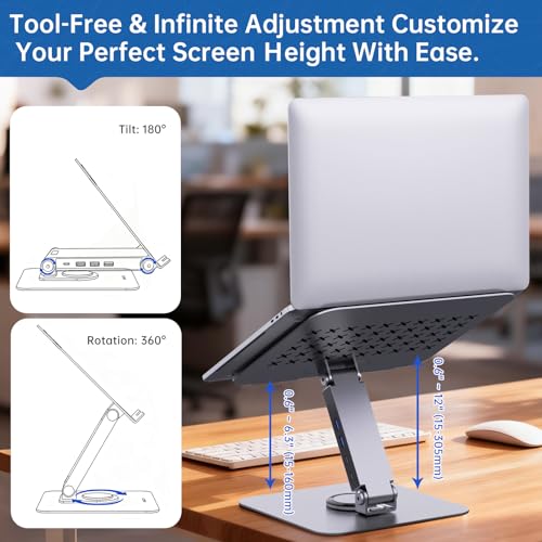 EJAY 360 Rotating Laptop Stand with 10Gbps USB 3.2 Hub, Heavy Duty Aluminum Computer Riser for Desk, Adjustable Ergonomic Holder for MacBook Pro Air, Dell, HP, Office
