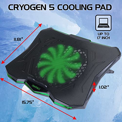 ENHANCE Cryogen 5 Gaming Laptop Cooling Pad Stand - Laptop Cooler with 7 Adjustable Height Settings & Dual USB Ports up to 17 inches - 1 Ultra Quiet High Performance LED Fan 800 RPM - Green - color: Green