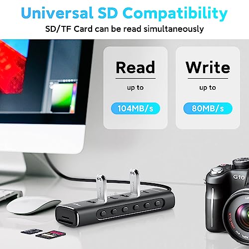 8-Port Powered USB 3.2 Hub 10Gbps with SD/TF Reader, RSH-A107D | USB Splitter with 6 USB-A 3.2 Gen 2 Data Ports, SD/TF Card Reader, 3.3ft USB Cable and 12V/2A Power Adapter for Laptop PC