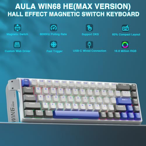 AULA WIN68 HE MAX - Hall Effect Gaming Keyboard with Magnetic Switch, Adjustable Actuation Fast Trigger Mode, 8KHz Polling Rate, RGB Backlit Wired Mechanical Gaming Keyboard 60 Percent Compact Design - color: Grey&White&Blue-Max Version