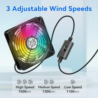 ELUTENG USB Computer Cooling Fan with 7 Color RGB Lighting, 3 Speed Controller 1100/1300/1500 RPM Small Exhaust Fan High Airflow Cooling Fan for Router Modem Receiver DVR PlayStation Xbox TV Box