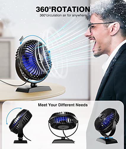 JZCreater USB Desk Fan, 360 Rotation Personal Cooling Fan with 3 Speeds, Quiet, Small, USB Powered for Home, Office, Bedroom, Car, Travel, Black - color: 282-Black+Blue