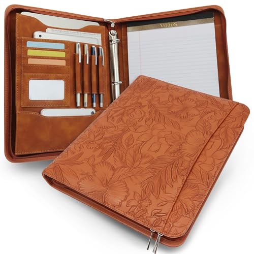 Zippered 3 Ring Portfolio Binder, Padfolio Organizer for Women | Embossed faux leather organizer fits Letter/A4 pads and 13.9 in tablet, with card slots and pen holders for work. - color: Brown, size: Zipper Portfolio(13.7"x11"x1.57")