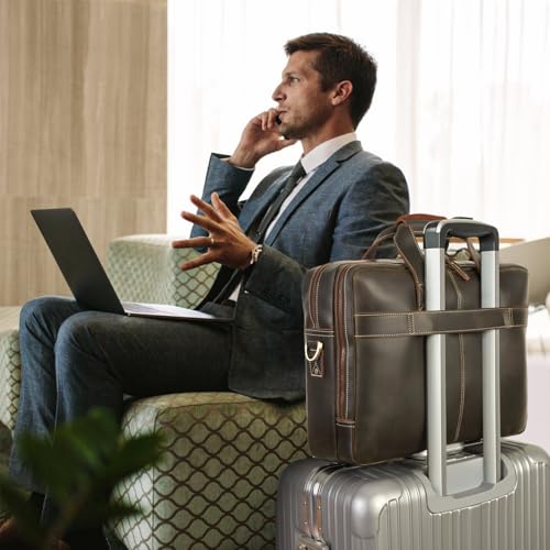 Polare 17" Full Grain Leather Laptop Briefcase Business Travel Laptop Carrying Case Shoulder Bag For Men Fits 17.3” Laptop - color: Dark Brown