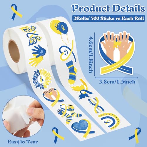 Down Syndrome Stickers Rolls - 1000 Pcs Down Syndrome Awareness Month Waterproof Vinyl Reusable Laptop Stickers Coloring Book Scrapbook Water Bottle Page Activity Pad Party Favors Skateboard - style: Down Syndrome Awareness Month
