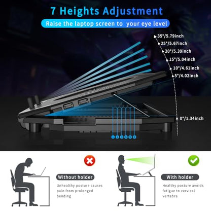 LP-2 Laptop Cooling Pad & Phone Holder, Dual-Mode Ergonomic Laptop Cooling Stand with 7 Adjustable Heights, 5 RGB High-Performance Quiet Laptop Fans, 2 USB Ports & 3 Speeds Laptop Cooler for 15–21Inch